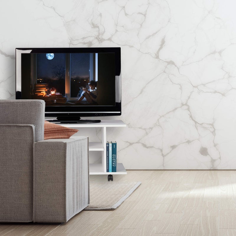 Relaxdays TV Stand with Casters, 4 Open Compartments, Mobile Coffee Table for Devices, DVDs, HWD 40 x 80 x 40 cm, White - Image 5