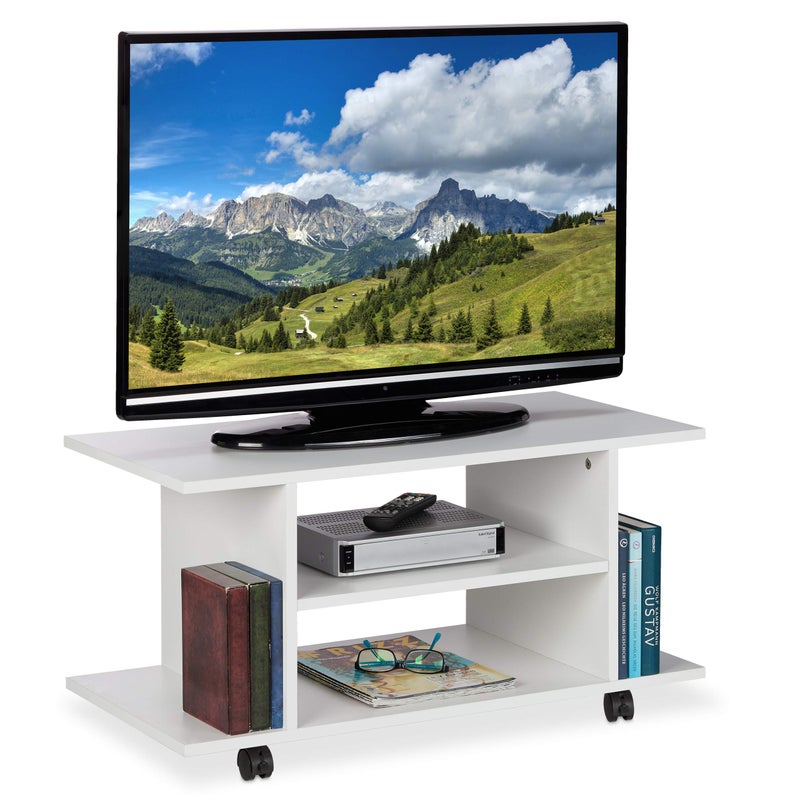 Relaxdays TV Stand with Casters, 4 Open Compartments, Mobile Coffee Table for Devices, DVDs, HWD 40 x 80 x 40 cm, White - Image 1
