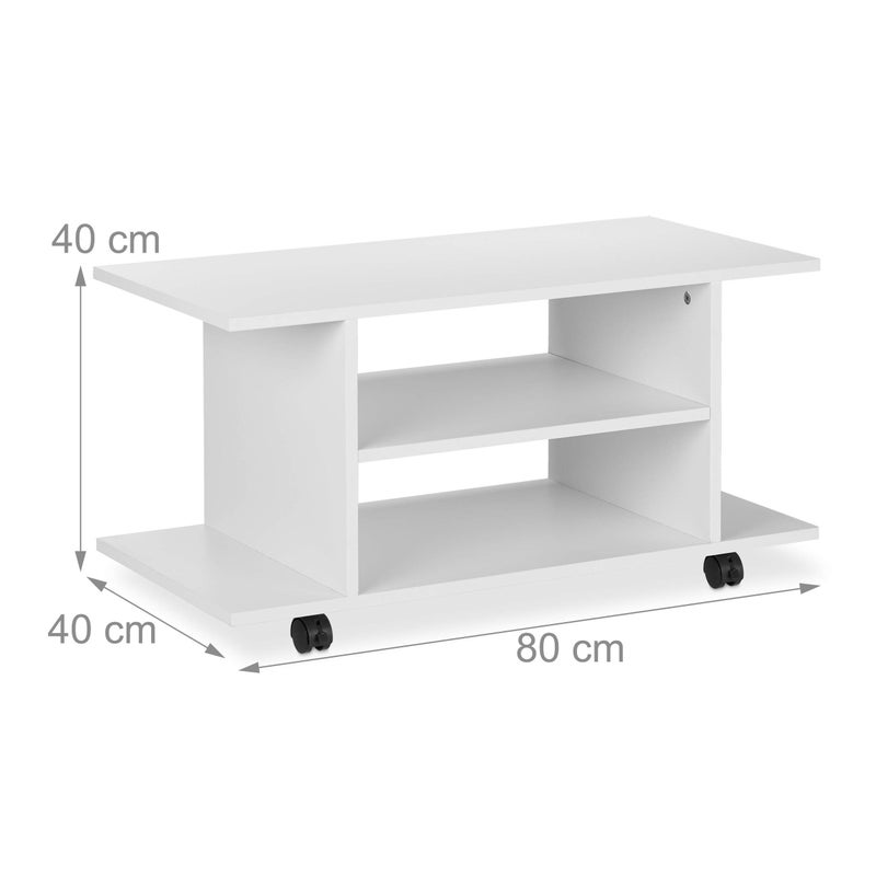 Relaxdays TV Stand with Casters, 4 Open Compartments, Mobile Coffee Table for Devices, DVDs, HWD 40 x 80 x 40 cm, White - Image 4