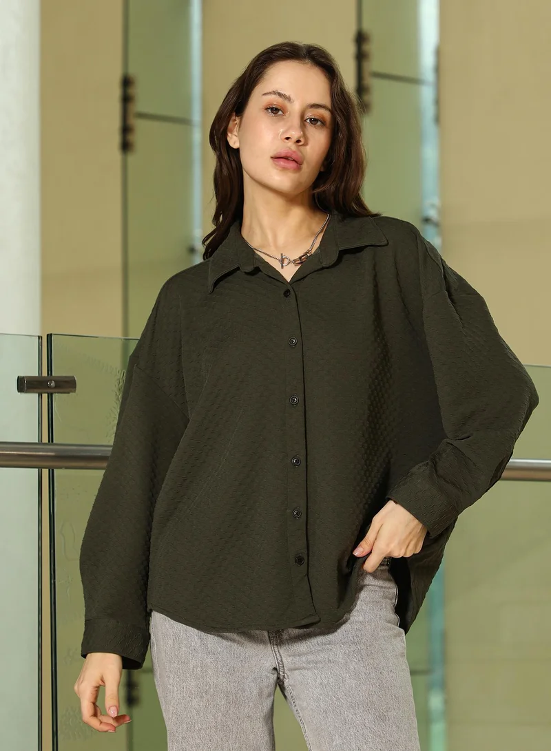 PINACOLADA Pinacolada Women's Sacramento Green Interlink-Jacquard Shirt | Spread Collar , Long Cuffed Sleeves , Button Closure | Solid Jacquard Material | Polyester Blend Shirt For Casual Wear