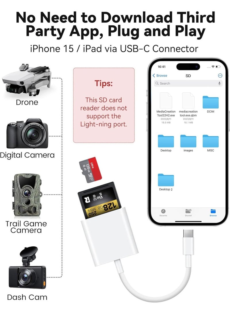 USB C SD Card Reader for iPhone 15 16/iPad/MacBook/Mac, xdgeLoad USB-C Type C SD Reader Supports SD and MicroSD Memory Card Adapter, Trail Camera Viewer Plug and Play - 2 Slots - Image 3