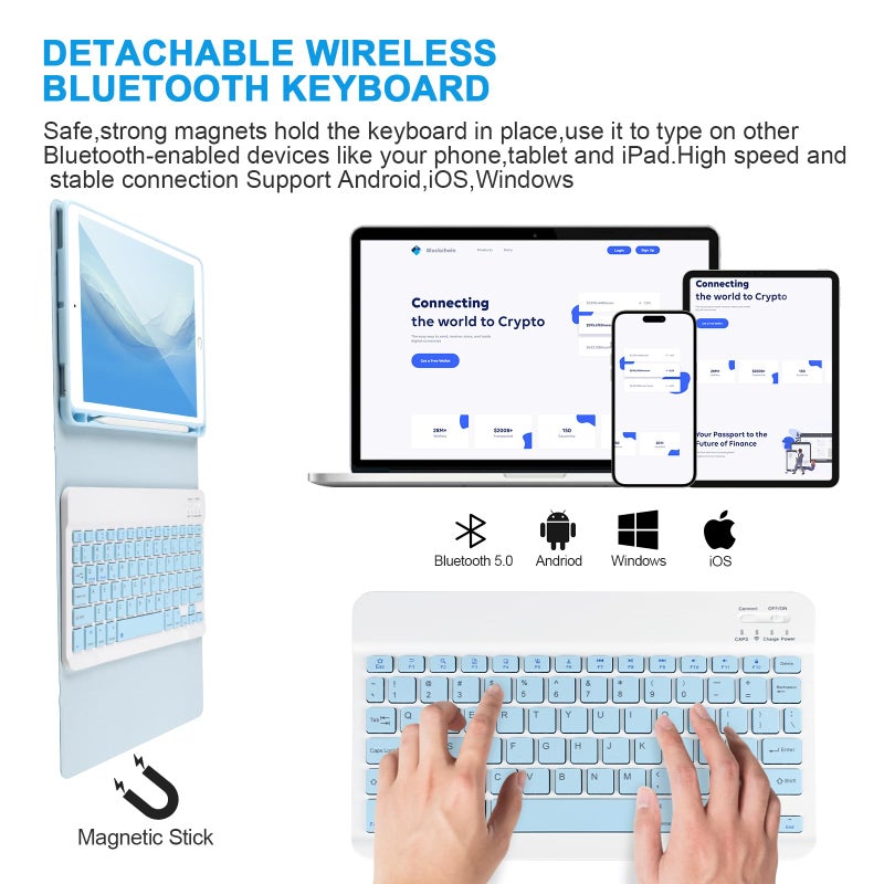 APHBZGE for iPad 6/5th Generation Case with Keyboard 2018/2017,Detachable Bluetooth Keyboard case for iPad Air 2/1,iPad Keyboard Case 9.7 inch with Pencil Holder,Square Keycaps,Blue - Image 5