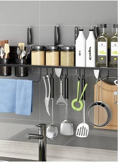 Wall Mounted Spice Rack with 12 Removable Hooks Floating Shelves Holder with Towel Bar Heavy Duty Storage Shelf Features Self Adhesive Anti Rust Stainless Steel Design with Large Load Capacity