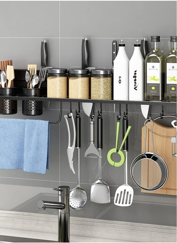 Perfii - Wall Mounted Spice Rack with 12 Removable Hooks Floating Shelves Holder with Towel Bar Heavy Duty Storage Shelf Features Self Adhesive Anti Rust Stainless Steel Design with Large Load Capacity - Image 1