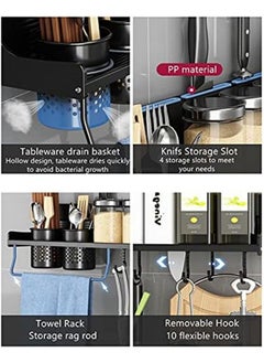 Perfii Wall Mounted Spice Rack with 12 Removable Hooks Floating Shelves Holder with Towel Bar Heavy Duty Storage Shelf Features Self Adhesive Anti Rust Stainless Steel Design with Large Load Capacity  - Image 3