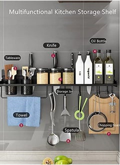 Perfii Wall Mounted Spice Rack with 12 Removable Hooks Floating Shelves Holder with Towel Bar Heavy Duty Storage Shelf Features Self Adhesive Anti Rust Stainless Steel Design with Large Load Capacity  - Image 4