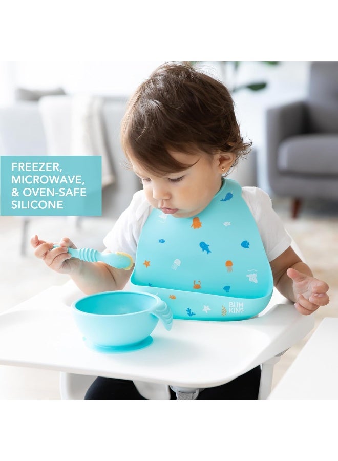 BUMKiNs مجموعة تغذية الأطفال من بومكينز، وعاء، غطاء، ملعقة، خالية من BPA، أول تغذية، فطام بقيادة الطفل - أزرق، مجموعة مكونة من 3 قطع - Image 4