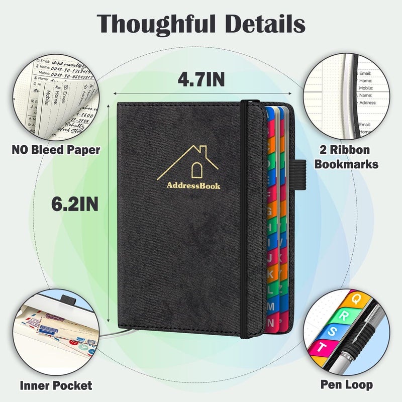Witsbrez Address Book with Colorful Alphabetical Tabs, 4.7" X 6.2" Hardcover Address and Phone Number Book for Record Contacts, Telephone Address and Password Book Combo for Seniors (Black) - Image 5