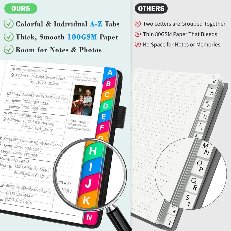 Witsbrez Address Book with Colorful Alphabetical Tabs, 4.7" X 6.2" Hardcover Address and Phone Number Book for Record Contacts, Telephone Address and Password Book Combo for Seniors (Black) - Image 4