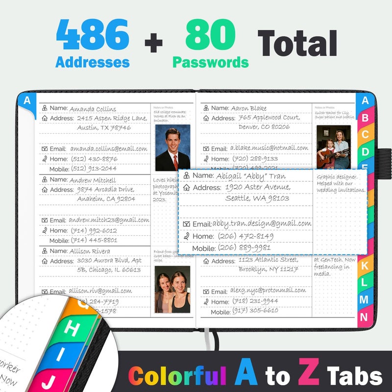 Witsbrez Address Book with Colorful Alphabetical Tabs, 4.7" X 6.2" Hardcover Address and Phone Number Book for Record Contacts, Telephone Address and Password Book Combo for Seniors (Black) - Image 2