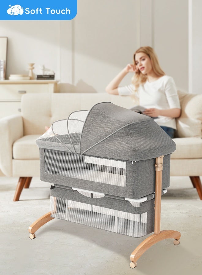 Soft Touch Baby Bedside Bassinet Toddler Bedside Crib with Wheels and Storage Basket Bedside Sleeper for Newborn Foldable Baby Crib with Mosquito Net and Adjustable Heigt for 0-3 Years Old Toddler - Image 2