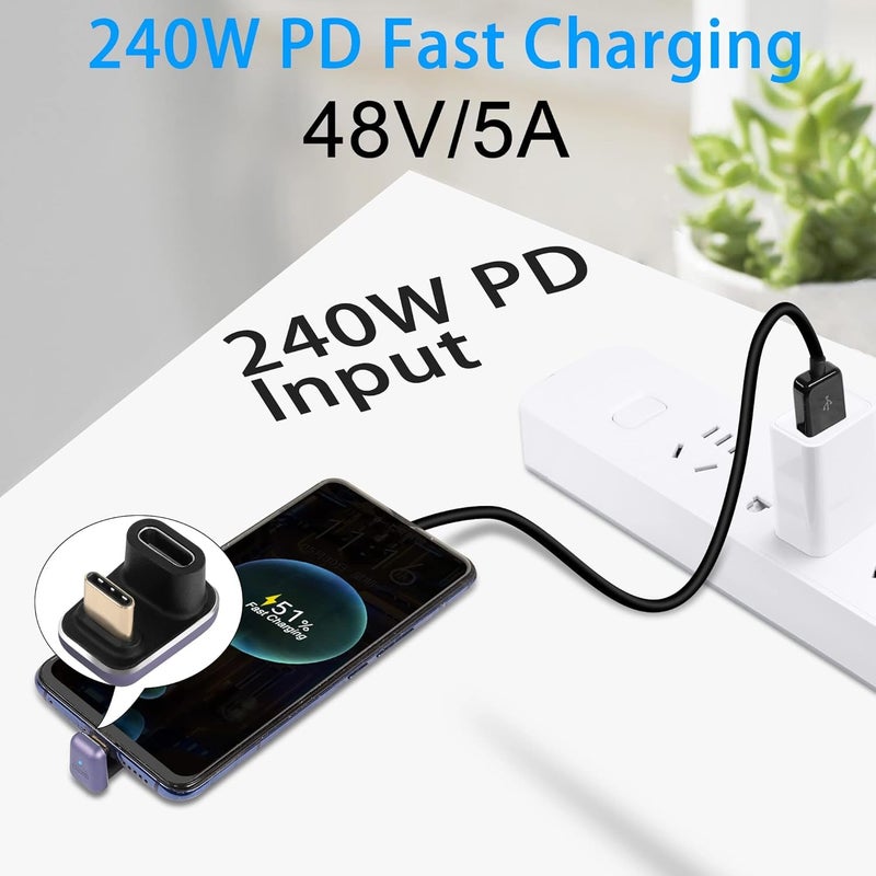 ETZIN محول USB C على شكل U بقوة 240 واط وسرعة 40 جيجابت في الثانية، موصل نوع C ذكر إلى أنثى بزاوية 180 درجة، مؤشر LED، نقل الصوت والفيديو بدقة 8K@60HZ، للهواتف الذكية واللابتوبات والأجهزة اللوحية - Image 3