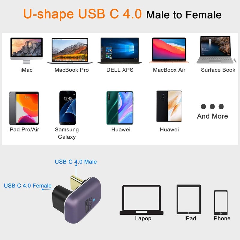 ETZIN محول USB C على شكل U بقوة 240 واط وسرعة 40 جيجابت في الثانية، موصل نوع C ذكر إلى أنثى بزاوية 180 درجة، مؤشر LED، نقل الصوت والفيديو بدقة 8K@60HZ، للهواتف الذكية واللابتوبات والأجهزة اللوحية - Image 5