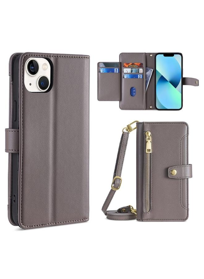 زبون جراب هاتف iPhone 13 mini من الجلد بتصميم خروف متقاطع مع سحاب - Image 1