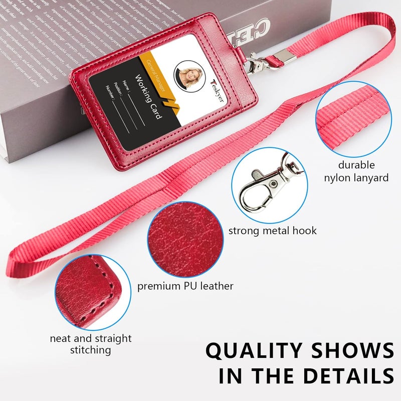 Teskyer Badge Holder with Lanyard, Leather ID Name Badge Card Holder with Lanyard for ID Badges, Vertical Wine Red - Image 2