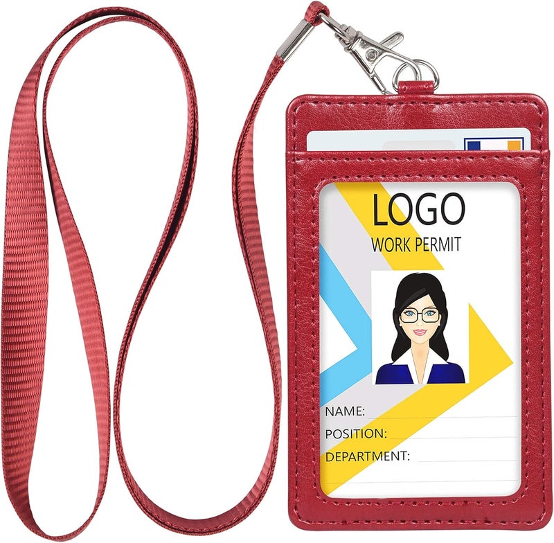 Teskyer Badge Holder with Lanyard, Leather ID Name Badge Card Holder with Lanyard for ID Badges, Vertical Wine Red - Image 1