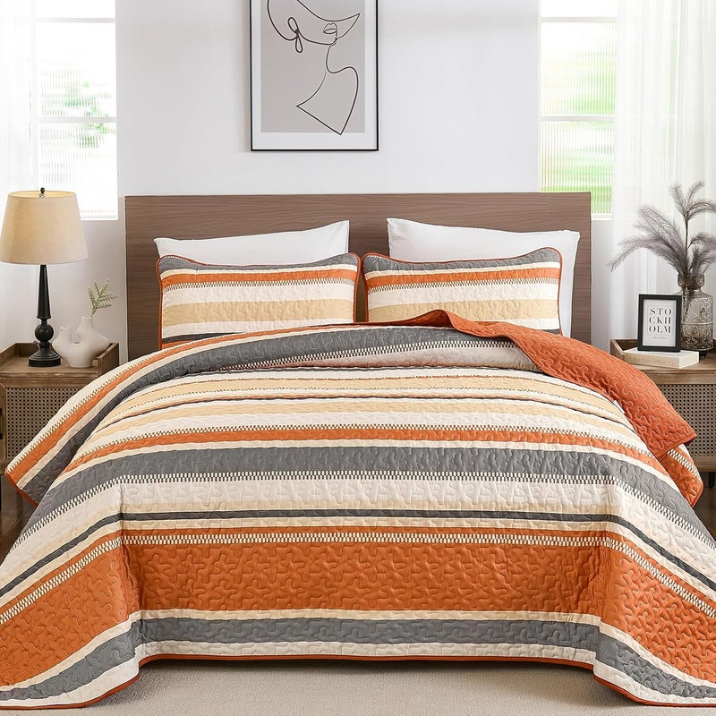 WONGS BEDDING مجموعة بطانيات من WONGS بلون برتقالي، تتكون من 3 قطع: غطاء سرير بألوان مخطوطة، بطانيات خاصة بعيد الهالوين والخريف، مقاس 110" × 90". - Image 2