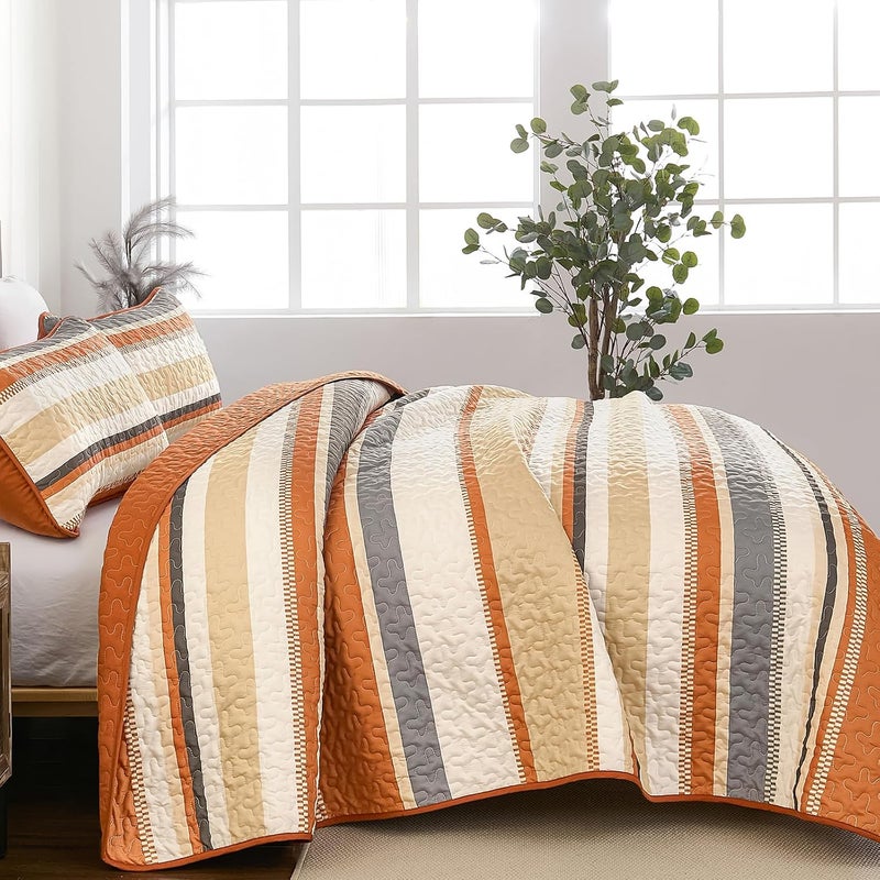WONGS BEDDING مجموعة بطانيات من WONGS بلون برتقالي، تتكون من 3 قطع: غطاء سرير بألوان مخطوطة، بطانيات خاصة بعيد الهالوين والخريف، مقاس 110" × 90". - Image 3