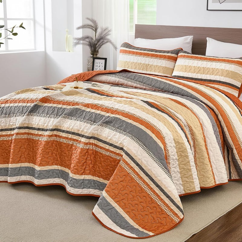 WONGS BEDDING مجموعة بطانيات من WONGS بلون برتقالي، تتكون من 3 قطع: غطاء سرير بألوان مخطوطة، بطانيات خاصة بعيد الهالوين والخريف، مقاس 110" × 90". - Image 1