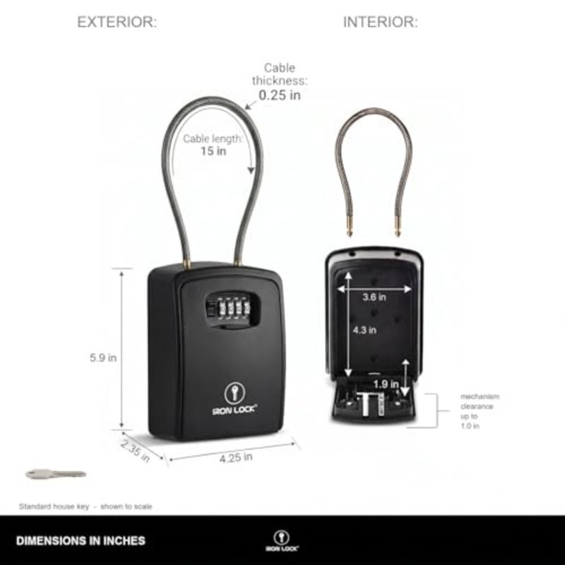 ® XXL Key Lock Box محمول ومثبت على الحائط مع تكبل كابل قابل للإزالة، مقاوم للماء داخلي وخارجي، مجموعة مكونة من 4 أرقام مع رمز قابل لإعادة الضبط مع مفتاح A B، صندوق قفل رئيسي كبير جدًا بالخارج يحمل 20-30 مفتاحًا + سلاسل السيارة؛ صينية مدمجة فريدة من نوعها؛ حلقات على البوابة أو السكك الحديدية أو حوامل الحائط؛ رمز قابل لإعادة التعيين؛ غطاء الطلب - Image 3