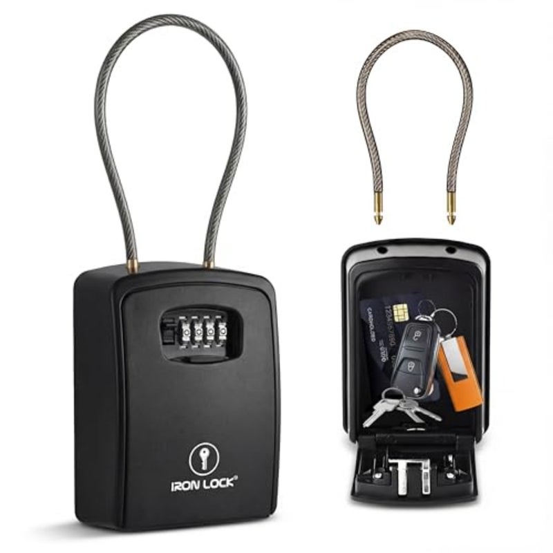 ® XXL Key Lock Box محمول ومثبت على الحائط مع تكبل كابل قابل للإزالة، مقاوم للماء داخلي وخارجي، مجموعة مكونة من 4 أرقام مع رمز قابل لإعادة الضبط مع مفتاح A B، صندوق قفل رئيسي كبير جدًا بالخارج يحمل 20-30 مفتاحًا + سلاسل السيارة؛ صينية مدمجة فريدة من نوعها؛ حلقات على البوابة أو السكك الحديدية أو حوامل الحائط؛ رمز قابل لإعادة التعيين؛ غطاء الطلب - Image 1