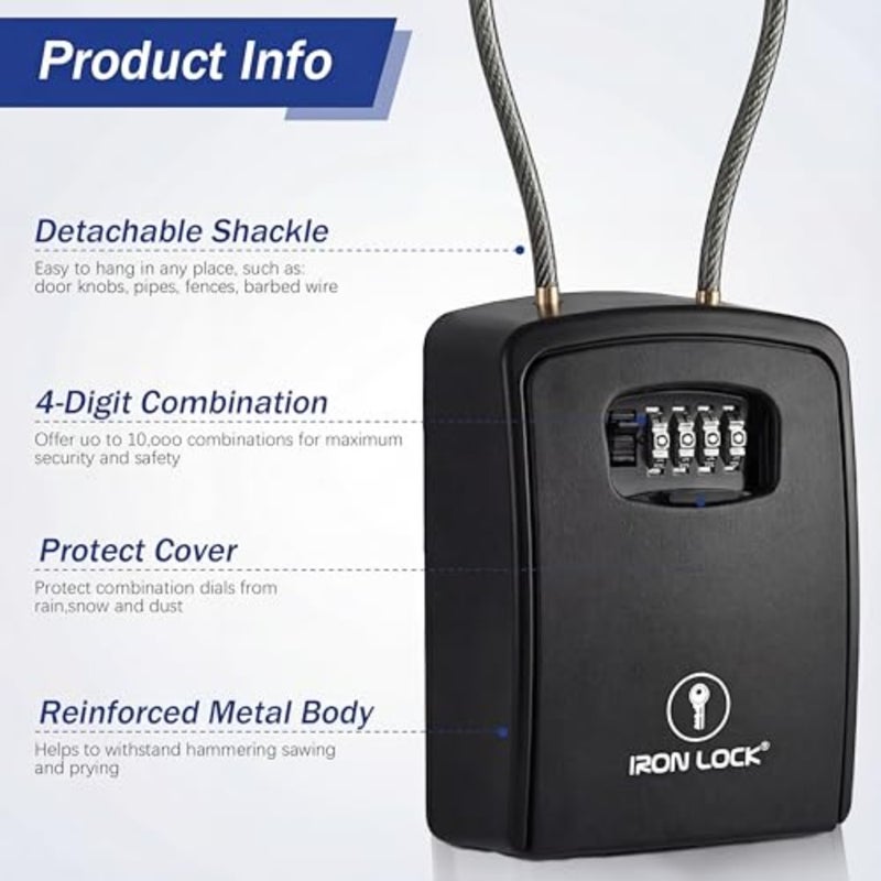 ® XXL Key Lock Box محمول ومثبت على الحائط مع تكبل كابل قابل للإزالة، مقاوم للماء داخلي وخارجي، مجموعة مكونة من 4 أرقام مع رمز قابل لإعادة الضبط مع مفتاح A B، صندوق قفل رئيسي كبير جدًا بالخارج يحمل 20-30 مفتاحًا + سلاسل السيارة؛ صينية مدمجة فريدة من نوعها؛ حلقات على البوابة أو السكك الحديدية أو حوامل الحائط؛ رمز قابل لإعادة التعيين؛ غطاء الطلب - Image 5