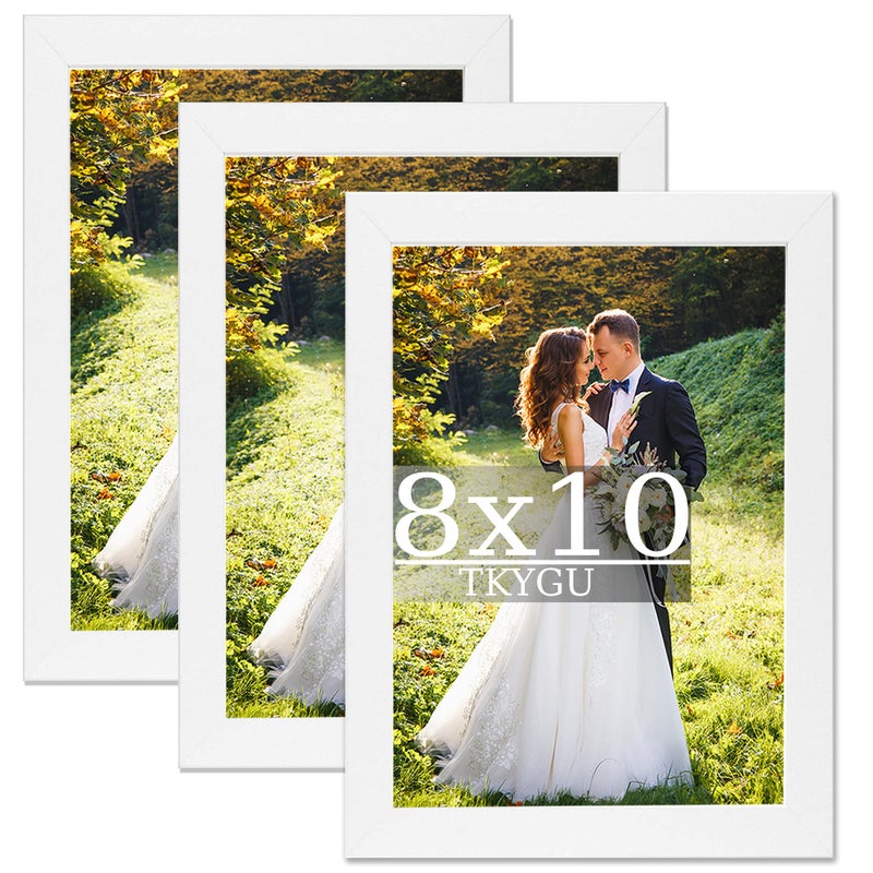 TKYGU 8x10 Picture Frame Set of 3  Made of Real Glass for 8x10 White Composite Wood Frames  Wall and Tabletop Display Photo Frame for Gallery Family Wedding Memorial Pic Frame Best Gift - Image 1