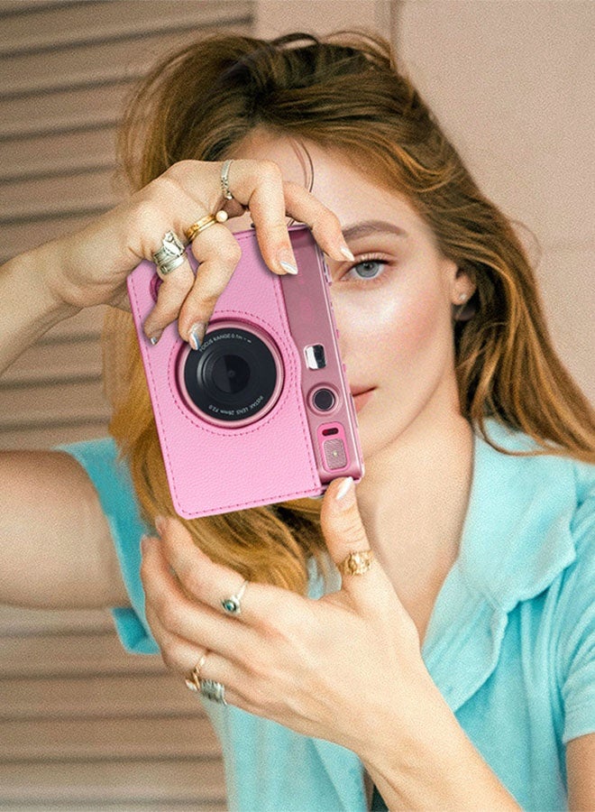 جراب لكاميرا فوجي ميني إيفو، جراب كاميرا متوافق مع كاميرا فوجي ميني إيفو مع حزام كتف قابل للتعديل باللون الوردي بنمط ليتشي أفقي - Image 4