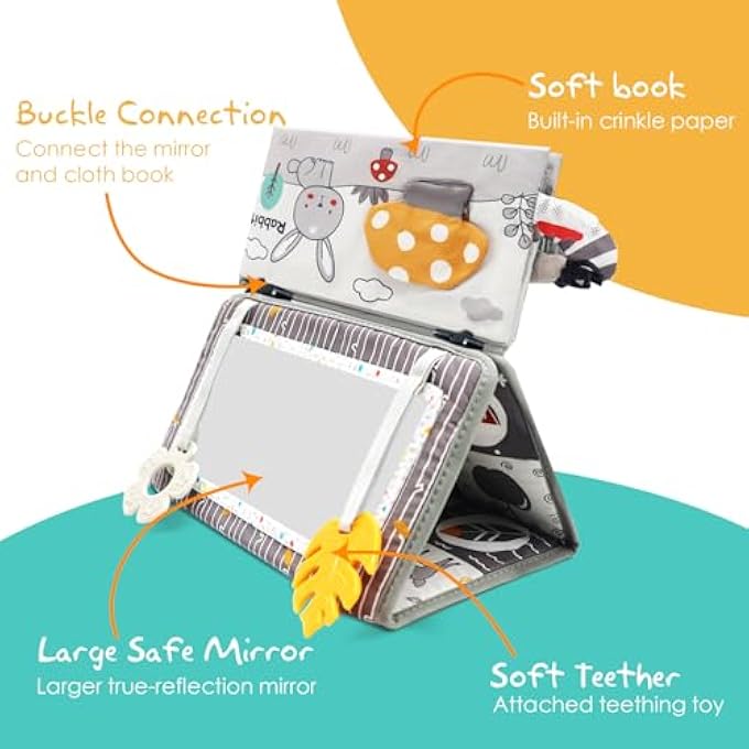 TUMMY TIME MIRROR FOR BABIES 0-6 MONTHS NEWBORN INFANT BABY SENSORY TOYS BRAIN DEVELOPMENT WITH CRINKLE CLOTH BOOK AND TEETHING TOY FOR BOY GIRL GIFTS BABY NEWBORN ESSENTIALS - Image 3