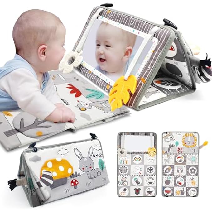 TUMMY TIME MIRROR FOR BABIES 0-6 MONTHS NEWBORN INFANT BABY SENSORY TOYS BRAIN DEVELOPMENT WITH CRINKLE CLOTH BOOK AND TEETHING TOY FOR BOY GIRL GIFTS BABY NEWBORN ESSENTIALS - Image 1