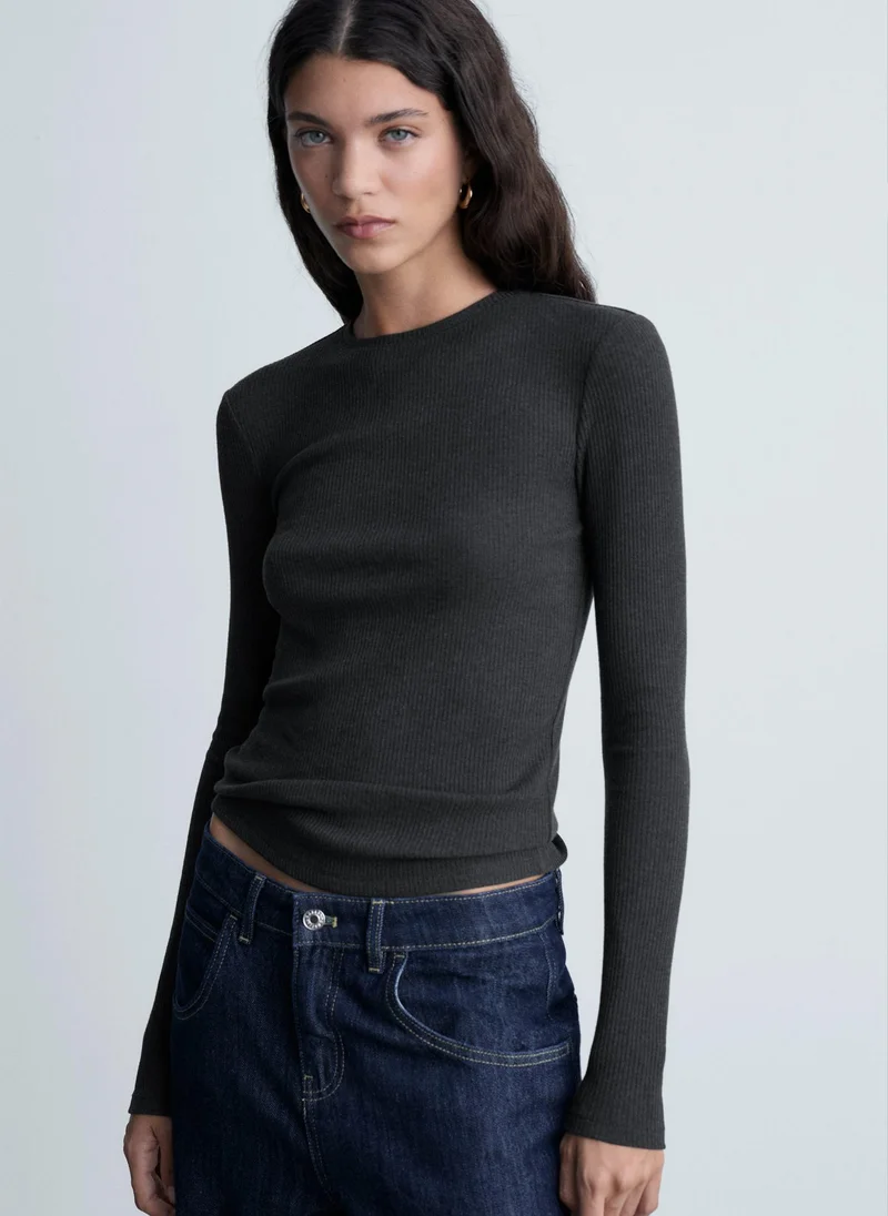 مانجو Ribbed Knitted Long-Sleeved T-Shirt