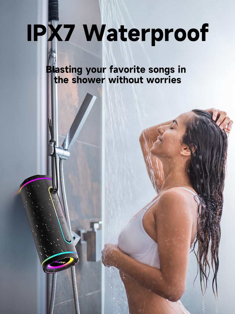 MLOVE E80 Speakers Bluetooth Wireless, Portable Waterproof Bluetooth Speaker with Aux Input, Micro SD Card Slot, Led Lights, Bass Boost, Dual Pairing for Outdoor, Travel, Car, Camping, 30W, Black - Image 4