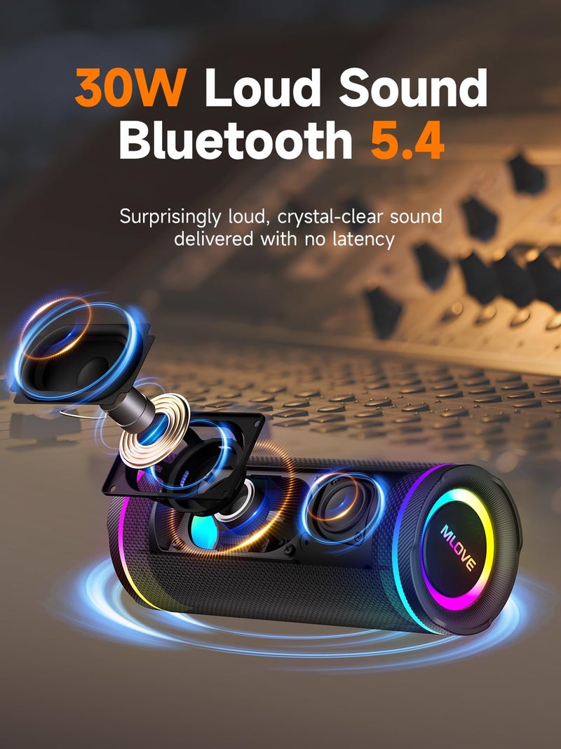 MLOVE E80 Speakers Bluetooth Wireless, Portable Waterproof Bluetooth Speaker with Aux Input, Micro SD Card Slot, Led Lights, Bass Boost, Dual Pairing for Outdoor, Travel, Car, Camping, 30W, Black - Image 2