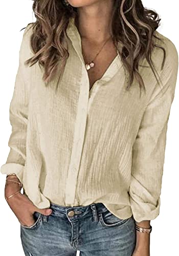 Karlywindow Womens Long Sleeve Button Down Cotton Linen Shirt Blouse Loose Fit Casual V-Neck Tops Beige - Image 1