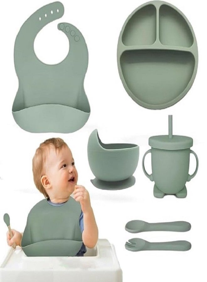 MOBDESK 6-Piece Baby Feeding Set – Baby Dinner Set Silicone Baby Plates, Bowls, Spoons, Bib & Cup | BPA-Free, Suction Base, Easy Clean | Baby Mealtime Essentials for Toddlers & Infants (Green) D-102 - Image 1
