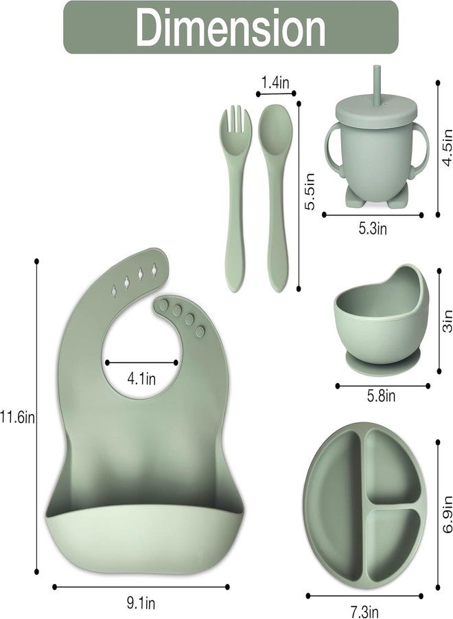 MOBDESK 6-Piece Baby Feeding Set – Baby Dinner Set Silicone Baby Plates, Bowls, Spoons, Bib & Cup | BPA-Free, Suction Base, Easy Clean | Baby Mealtime Essentials for Toddlers & Infants (Green) D-102 - Image 3