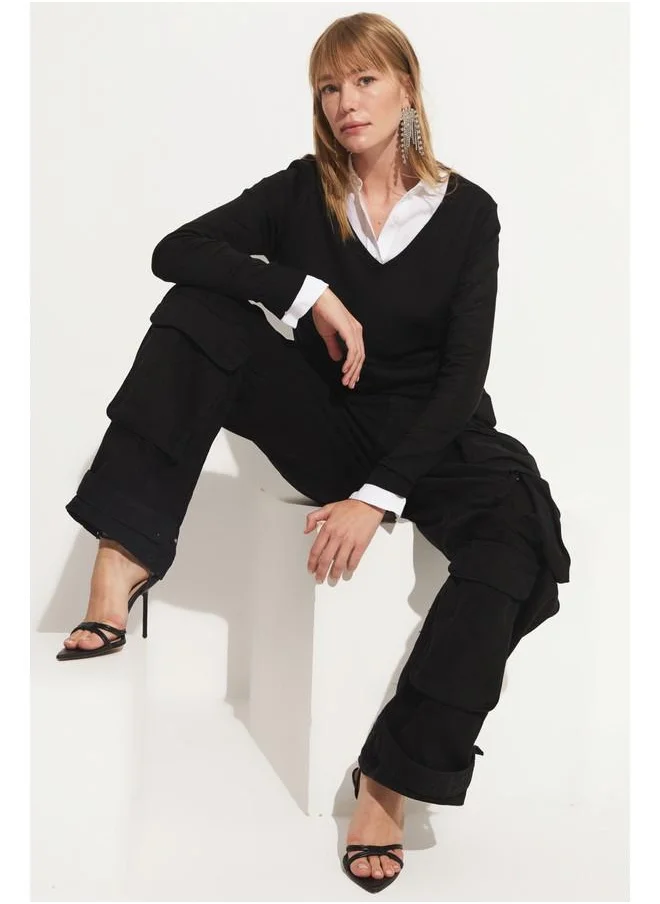 JUNE June V-Neck Women's Knitwear Sweater Black