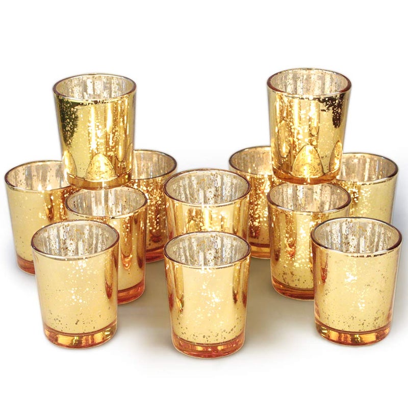 Volens Gold Votive Candle Holders Bulk Mercury Glass Tealight Candle Holder Set of 12 for Wedding Decor and Home Decor