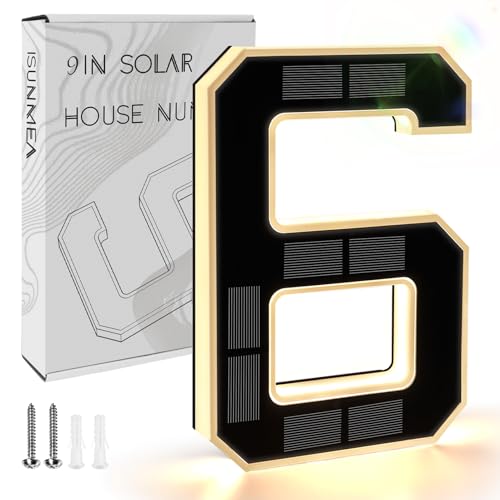 ISUNMEA 9 Inch Solar Lighted House Numbers for Outside Light Up Waterproof LED Address Numbers Signs for Houses Large Personalized Illuminated Exterior Modern House Numbers Light 6Black 9IN - Image 1