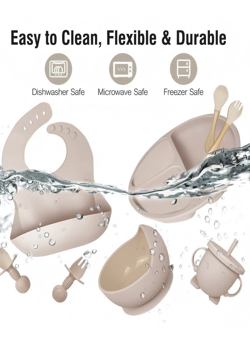 iMissiu Silicone Baby Feeding Set 5 Pieces Baby Led Weaning Utensils Includes Suction Bowl Plate Spoon Fork Sippy Cup with Straw Lid for Infant Toddler Daily Use - Image 5