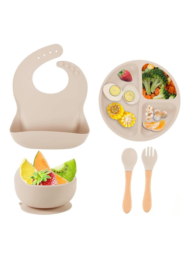 iMissiu Silicone Baby Feeding Set 5 Pieces Baby Led Weaning Utensils Includes Suction Bowl Plate Spoon Fork Sippy Cup with Straw Lid for Infant Toddler Daily Use - Image 1