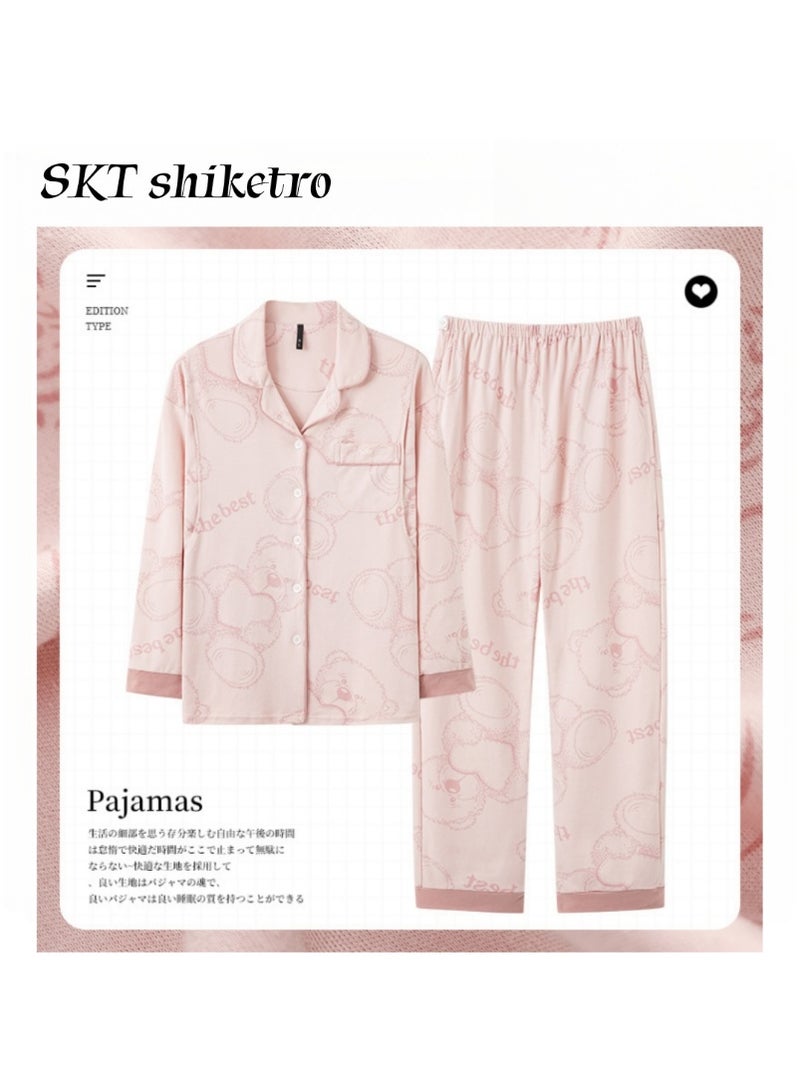 SKT Shiketro Women's Maternity & Nursing Pajama Set, Postpartum Home Wear, Double-Layer Long-Sleeved Pajamas (Pink) - Image 1