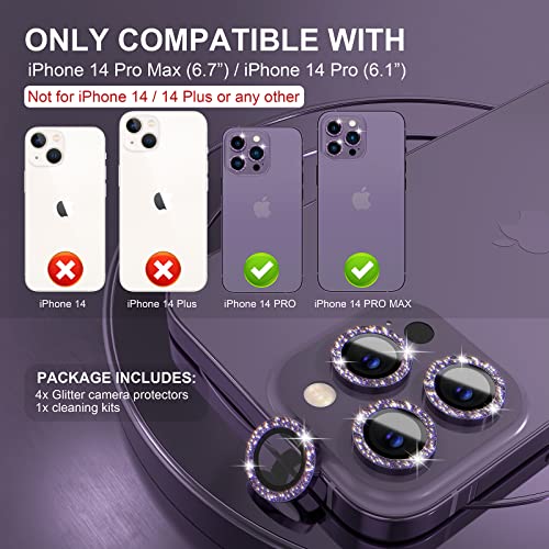 Choiche [3+1 for iPhone 14 Pro/iPhone 14 Pro Max Camera Lens Protector Bling, 9H Tempered Glass Camera Cover Screen Protector Metal Ring Decoration Accessories (Glitter-Purple) - Image 2