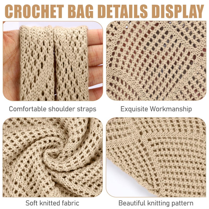 hatisan Crochet Bags for Women - Summer Beach Tote, Aesthetic Hippie Knit Bag (A-Khaki) - Image 4