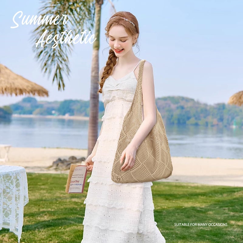 hatisan Crochet Bags for Women - Summer Beach Tote, Aesthetic Hippie Knit Bag (A-Khaki) - Image 5