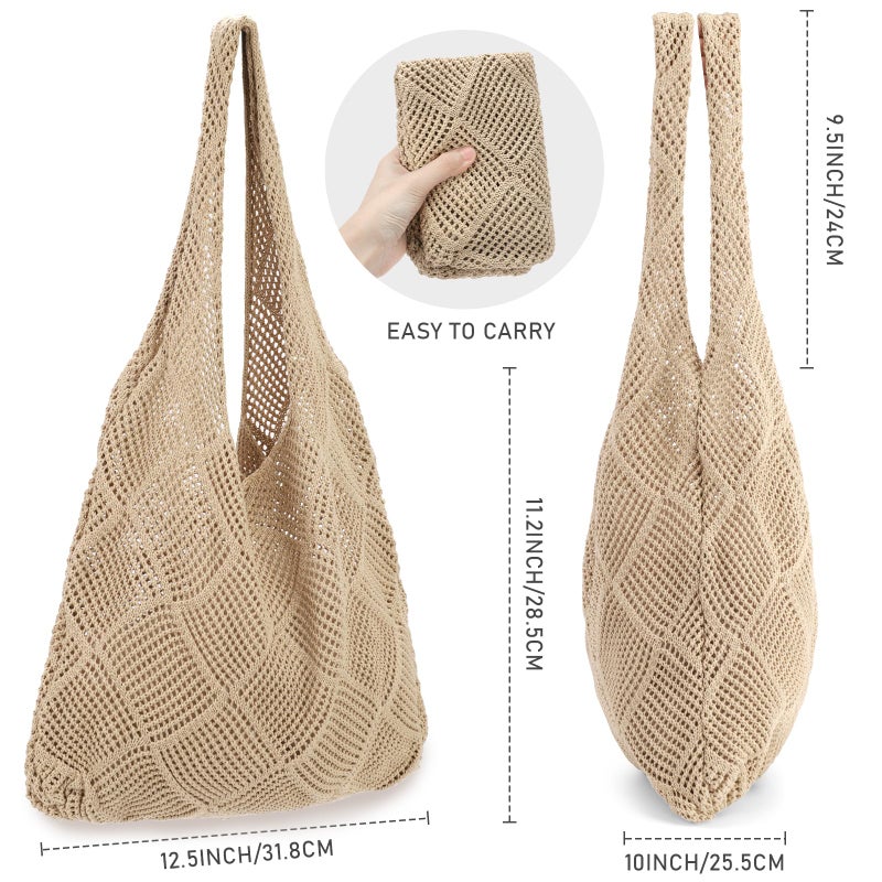 hatisan Crochet Bags for Women - Summer Beach Tote, Aesthetic Hippie Knit Bag (A-Khaki) - Image 2