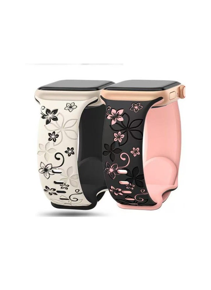 DKNG - 2 Pack Apple Watch Series 10 Straps, Flower Engraved Strap Compatible Apple Watch Strap 42mm/44mm/45mm/46mm/49mm Ladies, Lovely Flower iWatch Strap iWatch Series Soft Silicone Sport Band for iWatch Series SE 10 9 8 7 6 5 4 3 Ultra - Image 1