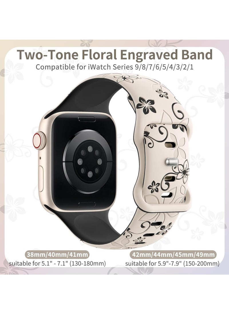 DKNG - 2 Pack Apple Watch Series 10 Straps, Flower Engraved Strap Compatible Apple Watch Strap 42mm/44mm/45mm/46mm/49mm Ladies, Lovely Flower iWatch Strap iWatch Series Soft Silicone Sport Band for iWatch Series SE 10 9 8 7 6 5 4 3 Ultra - Image 1