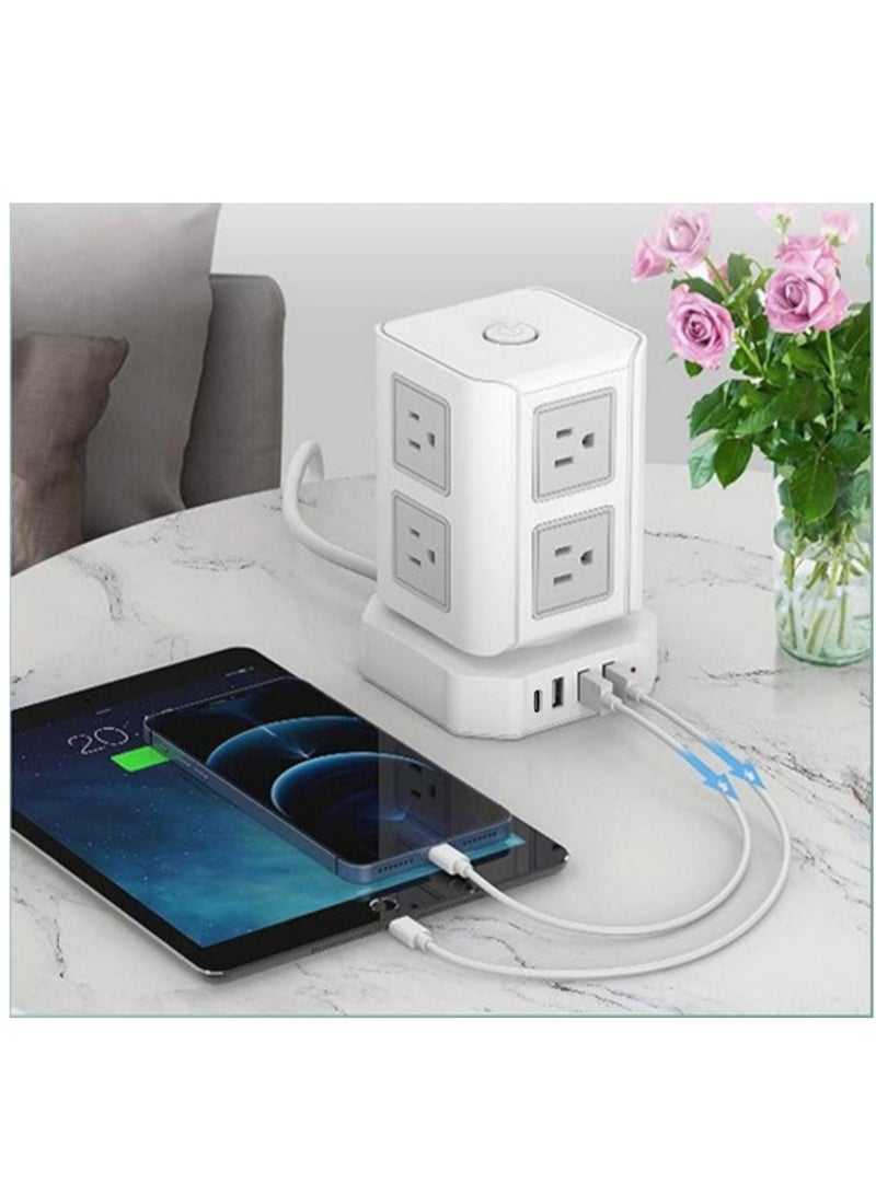 سلك تمديد لشرائط الطاقة 8 مقابس محول قابس عالمي مع 4 منافذ USB مقبس شحن لحماية التيار مع سلك تمديد جريء 2 متر (أبيض)