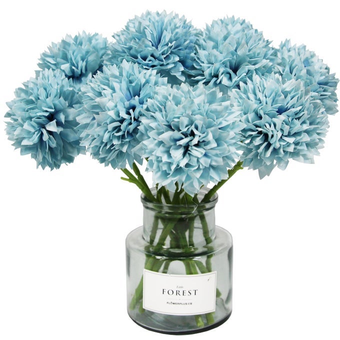 12 PCS ARTIFICIAL FLOWERS FAUX BALL CHRYSANTHEMUM BOUQUET SILK LIGHT BLUE FLOWERS BRIDAL WEDDING BOUQUET FOR HOME EASTER PARTY WEDDING DECORATION LIGHT BLUE 12